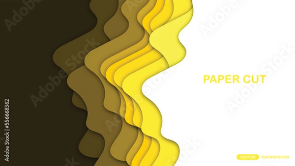 Fototapeta Paper cut background with wavy layers in yellow. Abstract design for brochure, flyer, magazine, business card, branding, banner, header, book cover, notebook vector background