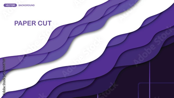 Fototapeta Paper cut background with wavy layers in dark blue. Abstract design for brochure, flyer, magazine, business card, branding, banner, header, book cover, notebook vector background