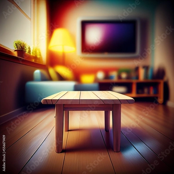 Fototapeta Wooden table on blurred tv room background. Generative AI