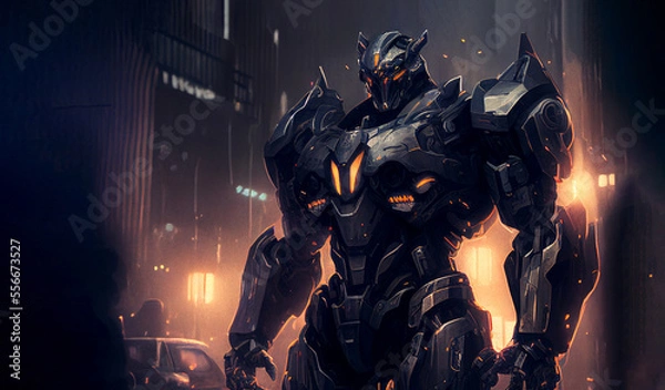 Fototapeta Giant robot ready to fight. Generative AI illustration