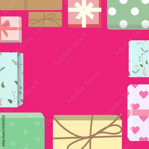 Fototapeta Pink background with coloured gift boxes. Empty space for text.