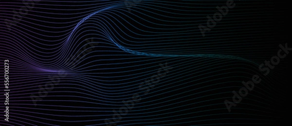 Fototapeta Abstract dotted wave line particles of bright green blue purple design element on dark black background. Modern technology futuristic concept. Vector illustration