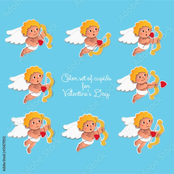 Obraz Color set of cupids for Valentine's Day. Funny stickers with different emotions.