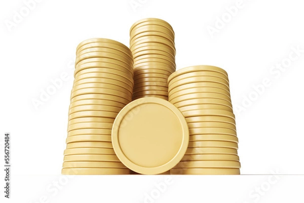 Fototapeta Set of 3 stacks of matte gold coins. Mockup suitable for cryptoassets and monetary concepts. High quality 3D rendering.