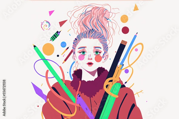 Fototapeta Female illustrator madness, flat vector style, CMYK pastel colors, illustration made with Generative AI
