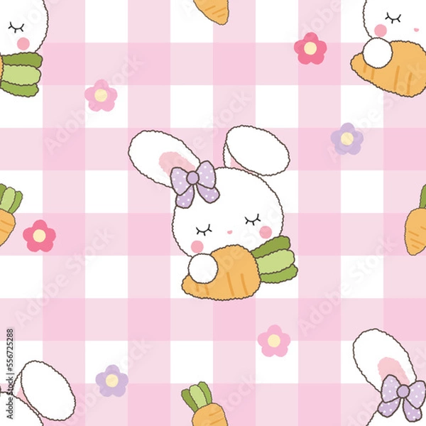 Obraz Cute seamless pattern bunny on pink plaid decorate with cute carrot and flower.