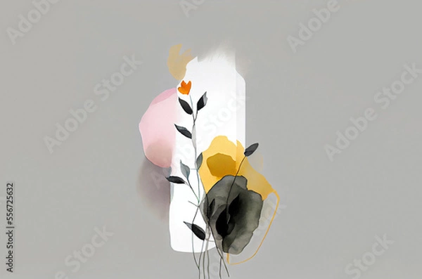 Obraz Minimalistic watercolor floral abstraction on a plain grey background. Simple minimalistic ai generated background.