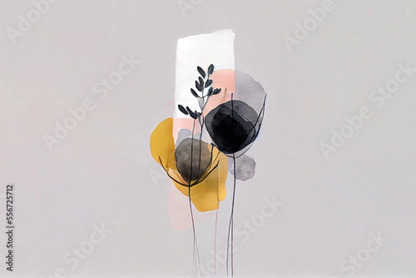 Fototapeta Minimalistic watercolor floral abstraction on a plain grey background. Simple minimalistic ai generated background.
