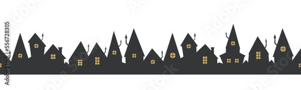 Obraz Black house row seamless border. Vector black city silhouette on white background