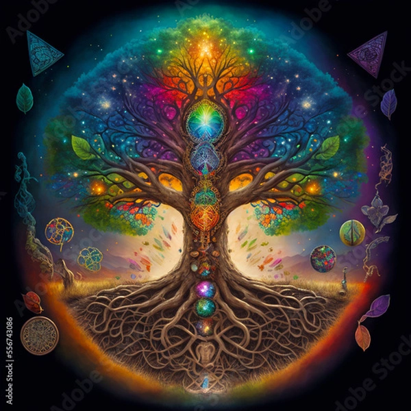 Fototapeta The World Tree with chakras and butterflies, facilitation of meditation, well-being and reflection
