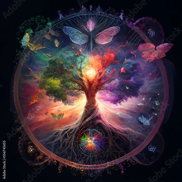 Fototapeta The World Tree with chakras and butterflies, facilitation of meditation, well-being and reflection