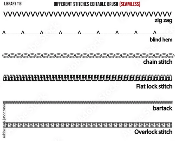 Fototapeta SET OF SEAMLESS SEWING STITCH BRUSH PATTERN DESIGNED FOR GARMENTS, BAGS, APPARELS AND CLOTHINGS IN EDITABLE VECTOR