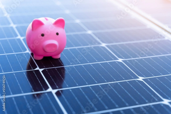 Fototapeta Energy saving concept with solar panels and a piggy bank