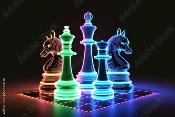 Fototapeta A colorful and bright neon chess board with chess pieces on a black background, generative ai