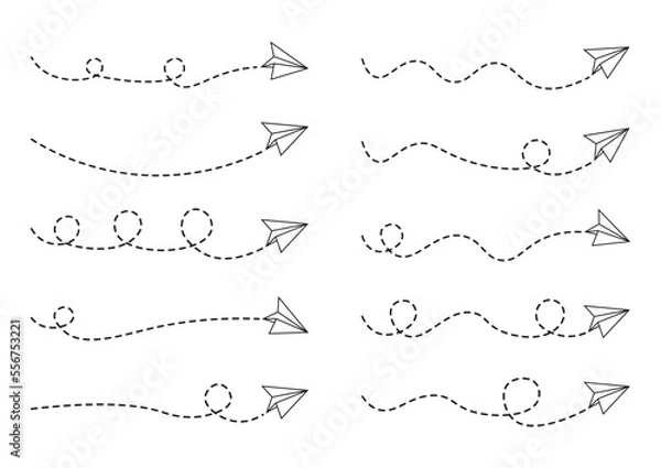 Fototapeta Set of dashed line paper airplane route