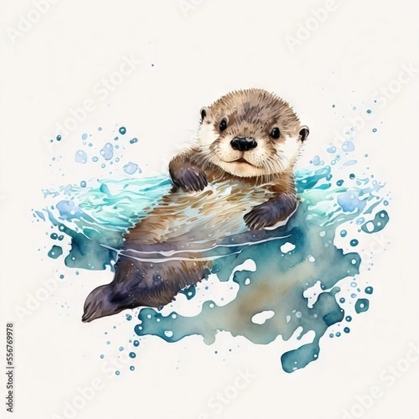 Fototapeta  a watercolor painting of a sea otter swimming in the ocean with bubbles on the water and a white background. generative ai