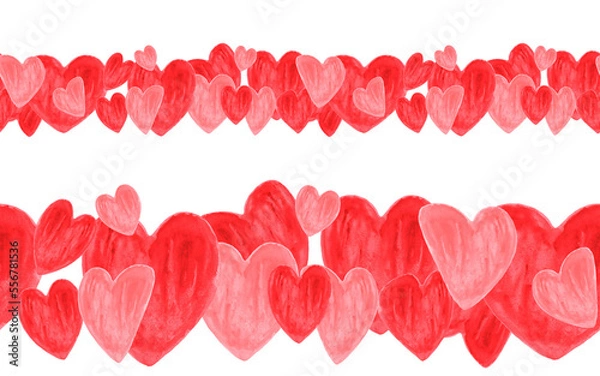 Obraz Watercolor seamless border of red and pink hearts on a transparent background. It can be used in postcards, invitations, backdrops, banners and more. PNG high quality file at 300 dpi.