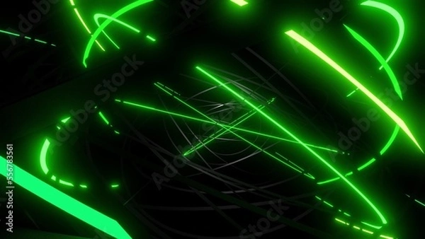 Fototapeta 3d render. Abstract geometric bg with rings form complex twisted spiral and light effects. Rings flash neon green lights. Neon ring bulbs for show or events, festivals or concerts