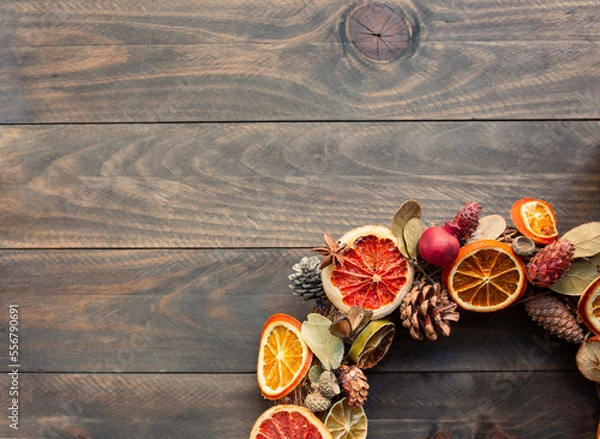 Fototapeta Christmas Circle handmade on wooden background
