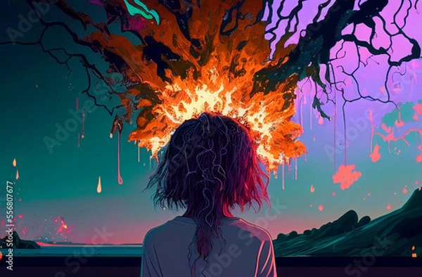 Fototapeta Girl has depression, transitional growth. Sad lonely girl.