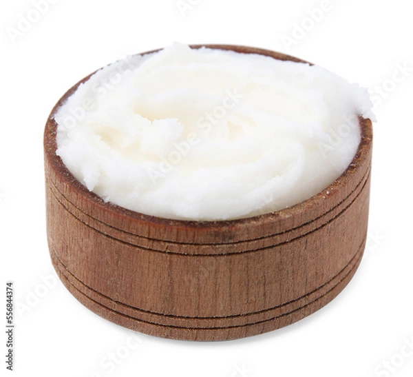 Obraz Delicious pork lard in wooden bowl isolated on white