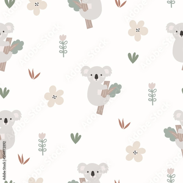 Fototapeta Cute koala seamless pattern. Funny baby print with animals. A hand drawn koala on a tree branch. Cartoon design for fabric, baby shower decoration, party. Nursery background.