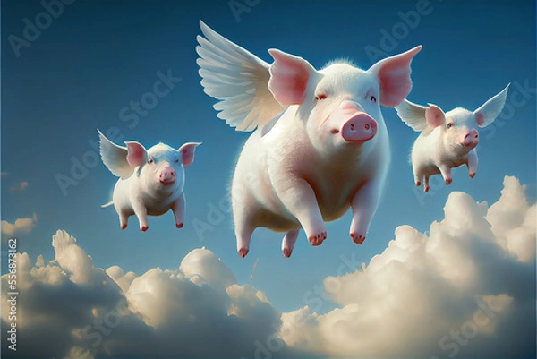 Fototapeta when pigs fly, flying piggies, pigs flying in clouds, pigs in the sky, pig, generative ai