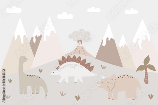 Fototapeta A hand drawn baby poster with dinosaurs and mountains. Funny vector illustration for decorating the walls of the nursery. Trendy design in Boho style. Mountain landscape in pastel colors. Bohemian art