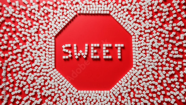 Fototapeta octagonal frame in the form of a stop sign made of sugar cubes with red background and word sweet inside. stop eating refined sugar concept