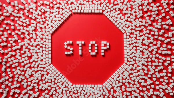 Fototapeta octagonal frame in the form of a stop sign made of sugar cubes with red background and word stop inside. stop eating refined sugar concept