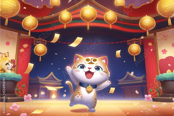Fototapeta Lunar new year, cute cat, year of the cat background