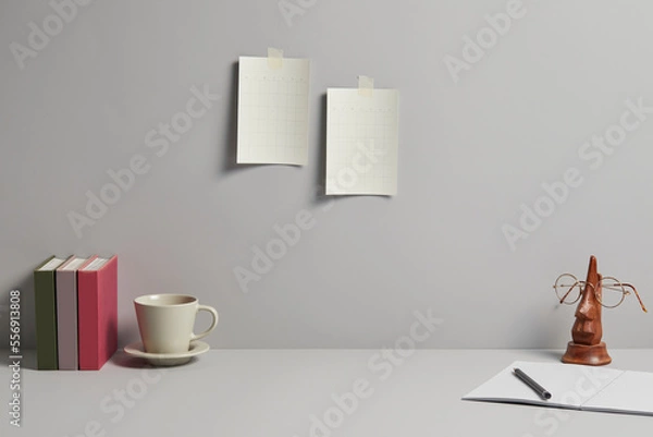 Fototapeta modern desk with various office supplies, front view and copy space.