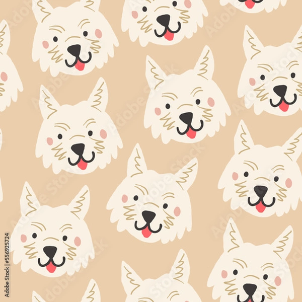 Fototapeta Beautiful seamless pattern with cartoon cute dogs. Breed - west highland terrier. Good for wallpaper, pattern fills, greeting cards, webpage backgrounds, wrapping paper and textile or fabric. Vector