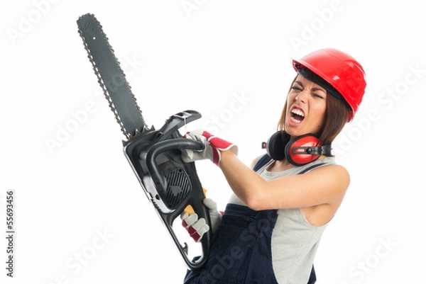 Fototapeta Frau mit Kettensäge