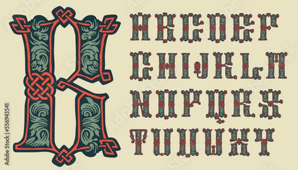 Obraz Alphabet set in medieval knots lines style. Dim colored drop cap. Engraved barbarian emblem.