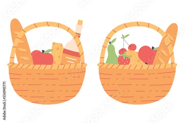 Fototapeta A set of picnic baskets. Picnic food collection. Vector illustration. Flat hand drawn style.
