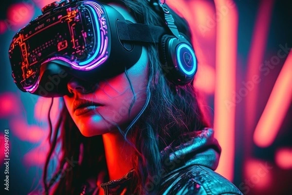 Fototapeta A girl with VR glasses on a colorful futuristic neon colored background, generative ai