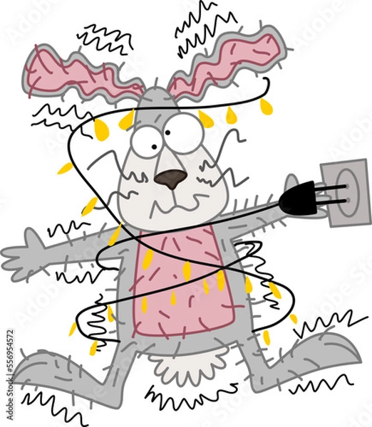 Fototapeta The hare was electrocuted by the garland. Vector illustration in doodle style. The symbol of 2023.