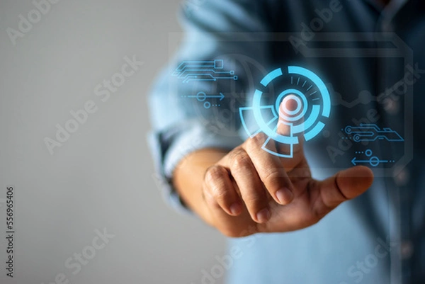 Obraz Man scans finger through touch screen