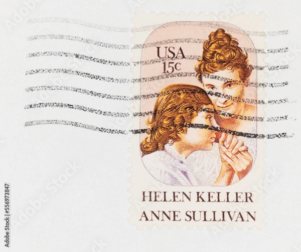 Fototapeta stamp briefmarke usa amerika america helen keller anne sullivan vintage retro alt old gestempelt frankiert cancel used gebraucht frau woman hands blind hände 15c papier paper welle wave language speak