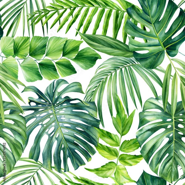 Fototapeta Palm leaves, tropical background, hand drawn watercolor botanical painting. Seamless pattern, jungle wallpaper