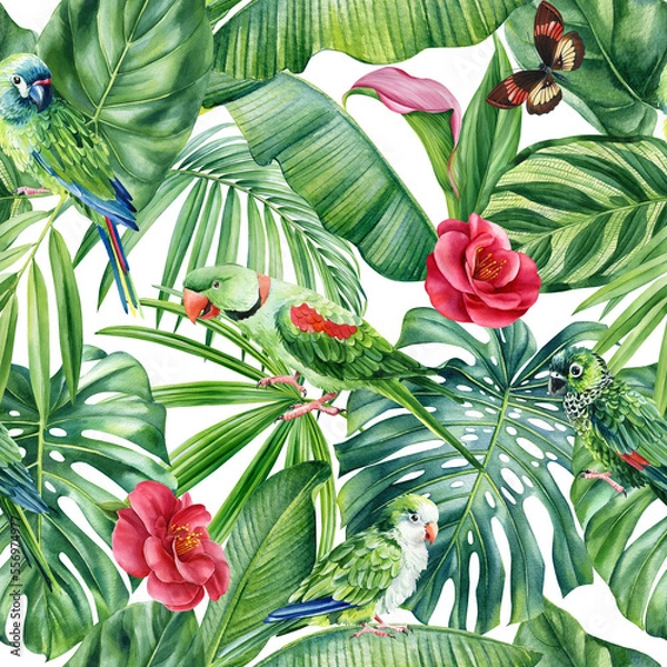 Fototapeta Tropical palm leaves, flowers and birds. Watercolor hand-painted. Floral Seamless pattern. Jungle design