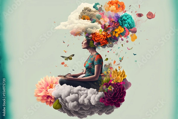 Obraz Woman meditating with colourful nature energy appearing in her mind. 