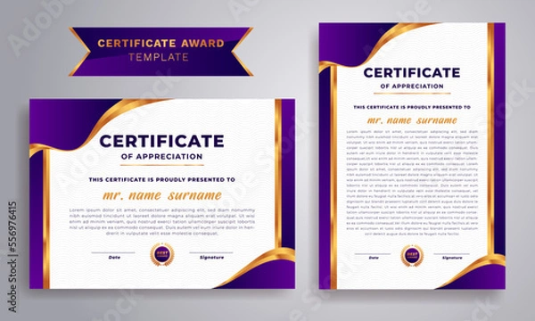 Obraz Diploma Certificate design with gold badge and border. Purple and gold color certificate award design template. Vector A4 size.
