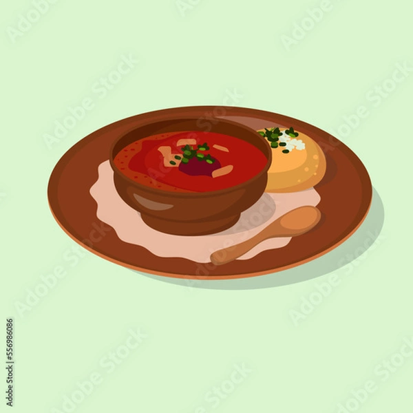 Fototapeta Borsch or red soup with fresh bread, garlic and parsley. Cartoon vector illustration.