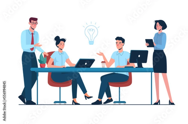 Obraz Business people work together in the office, discuss ideas for a project. Vector illustration of teamwork, brainstorming. Team of office employees. flat style.