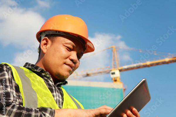 Obraz construction worker using digital tablet