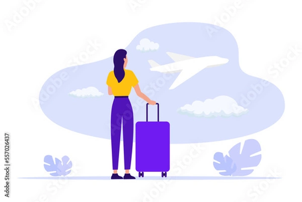 Obraz Woman traveller at airport departure area waiting for flight. Concept of business travel or tourism, work in trip. Vector illustration of business journey. Airplane behind window