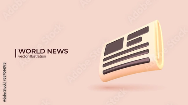 Fototapeta 3d Concept - World News. Realistic 3d Design of Newspaper. News paper with curved sheet. World press, news, publication on pages in Trendy colors. Vector illustration in cartoon minimal style.