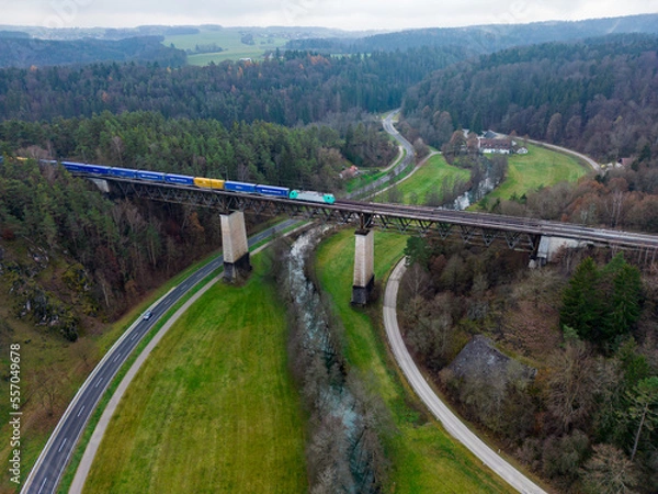Obraz Aerial view of a railroad bridge with train